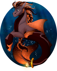 Size: 1047x1302 | Tagged: safe, artist:dachiia, imported from derpibooru, oc, oc only, merpony, seapony (g4), artfight, blue background, bubble, fins, fish tail, flowing mane, flowing tail, lamp, light, looking at you, male, ocean, orange eyes, signature, simple background, smiling, solo, sunlight, swimming, tail, underwater, water