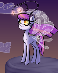 Size: 1600x2000 | Tagged: safe, artist:plaguemare, imported from derpibooru, oc, oc only, oc:misty meadows, breezie, antennae, boulder (g4), breezie oc, cloud, female, flowy mane, mare, rock, solo, sunset, wings