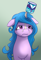 Size: 1327x1935 | Tagged: safe, artist:rnghat, imported from derpibooru, izzy moonbow, pony, unicorn, spoiler:my little pony: a new generation, condensed milk, cyrillic, female, floppy ears, frown, g5, gradient background, izzy impaling things, izzy moonbow is not amused, mare, milk, my little pony: a new generation, russian, solo, unamused