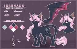 Size: 2908x1856 | Tagged: safe, artist:honeybbear, imported from derpibooru, oc, oc only, oc:serenade, alicorn, bat pony, bat pony alicorn, pony, bat wings, chest fluff, horn, leonine tail, male, reference sheet, solo, stallion, tail, wings