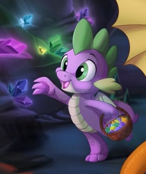 Size: 1035x1234 | Tagged: safe, artist:sirzi, edit, imported from derpibooru, spike, dragon, basket, cave, cropped, cute, gem, gem cave, happy, male, open mouth, spikabetes, spread wings, winged spike, wings