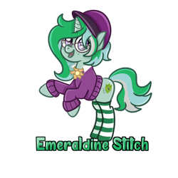 Size: 894x894 | Tagged: safe, artist:redpalette, imported from derpibooru, oc, oc only, oc:emeraldine stitch, pony, unicorn, clothes, convention badge, cute, female, glasses, hat, horn, simple background, smiling, socks, solo, stockings, sweater, thigh highs, transparent background, unicorn oc