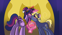 Size: 3200x1800 | Tagged: safe, artist:sereneocean, imported from derpibooru, star tracker, twilight sparkle, alicorn, earth pony, pony, alternate hairstyle, bouquet, date, eyes closed, female, flower, jewelry, kissing, male, mare, regalia, shipping, stallion, straight, twilight sparkle (alicorn), twitracker