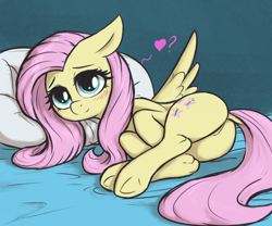 Size: 3000x2500 | Tagged: safe, alternate version, artist:t72b, imported from derpibooru, fluttershy, pegasus, pony, adorasexy, bed, blushing, butt, cute, dock, featureless crotch, female, floppy ears, flutterbutt, heart, high res, looking at you, lying down, mare, on bed, on side, pillow, plot, question mark, sexy, shyabetes, smiling, solo, tail, wings