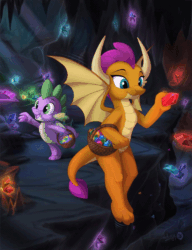 Size: 920x1200 | Tagged: safe, artist:sirzi, edit, imported from derpibooru, smolder, spike, dragon, animated, basket, cave, commission, cute, dragoness, duo, female, gem, gem cave, glowing, happy, lidded eyes, male, open mouth, open smile, scales, smiling, smolderbetes, spikabetes, spread wings, winged spike, wings