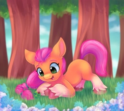 Size: 2092x1872 | Tagged: safe, artist:freyofelt, imported from derpibooru, sunny starscout, earth pony, insect, ladybug, pony, blank flank, clover, cute, ear fluff, female, filly sunny starscout, flower, g5, looking at something, mare, my little pony: a new generation, open mouth, solo, sunnybetes, tree