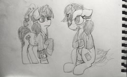 Size: 2504x1519 | Tagged: safe, artist:sodanium, imported from ponybooru, oc, oc only, oc:littlepip, pony, unicorn, fallout equestria, blushing, female, gun, mare, monochrome, solo, traditional art, weapon