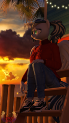 Size: 4320x7680 | Tagged: safe, artist:loveslove, imported from derpibooru, oc, oc only, oc:skye light, anthro, pegasus, 3d, absurd file size, absurd resolution, cigarette, clothes, cloud, jacket, jeans, ladder, looking sideways, outdoors, palm tree, pants, pegasus oc, shoes, sitting, smoking, sneakers, source filmmaker, sunset, tail, tree, wings