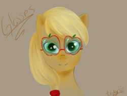 Size: 800x600 | Tagged: safe, artist:tedy-chan, imported from derpibooru, applejack, earth pony, pony, applejack's sunglasses, bust, female, simple background, solo, sunglasses