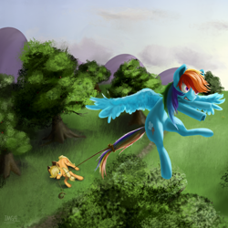 Size: 2768x2769 | Tagged: safe, artist:edgillock, imported from derpibooru, applejack, rainbow dash, earth pony, pegasus, pony, caught, duo, female, high res, lasso, mare, rope, spread wings, surprised, sweet apple acres, tree, wings