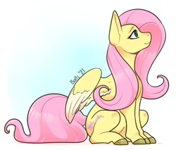 Size: 1818x1548 | Tagged: dead source, safe, artist:baitslament, imported from derpibooru, fluttershy, pegasus, pony, colored hooves, colored wings, female, gradient background, looking up, mare, profile, sitting, smiling, solo, spread wings, two toned wings, wings
