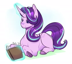 Size: 2232x1983 | Tagged: dead source, safe, artist:baitslament, imported from derpibooru, starlight glimmer, pony, unicorn, book, colored hooves, colored pupils, female, glowing, glowing horn, high res, horn, lidded eyes, lying down, magic, magic aura, mare, ponyloaf, prone, reading, simple background, smiling, solo, telekinesis, white background