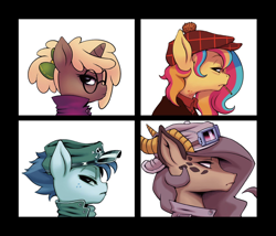 Size: 1384x1184 | Tagged: safe, artist:michiyoshi, imported from derpibooru, oc, oc:copper chip, oc:golden gates, oc:queen quake, oc:silver span, pony, unicorn, album parody, babscon, babscon mascots, clothes, demon days, female, freckles, glasses, goggles, gorillaz, hat, lidded eyes, mare, shirt