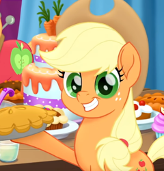 Size: 411x429 | Tagged: safe, imported from derpibooru, screencap, applejack, earth pony, pony, my little pony: the movie, cake, cropped, cute, female, food, freckles, holding something, jackabetes, looking at you, mare, pie, smiling, solo, we got this together