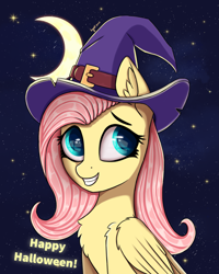 Size: 3115x3894 | Tagged: safe, artist:ingolf arts, imported from derpibooru, fluttershy, pegasus, pony, bust, chest fluff, clothes, crescent moon, cute, ear fluff, eye reflection, female, folded wings, grin, halloween, hat, high res, holiday, looking at you, looking sideways, mare, moon, night, portrait, reflection, shyabetes, smiling, smiling at you, solo, starry night, stars, three quarter view, wings, witch, witch hat