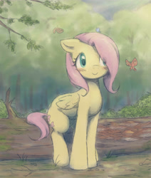 Size: 4241x5000 | Tagged: artist needed, safe, imported from derpibooru, fluttershy, butterfly, pegasus, pony, absurd resolution, blushing, cute, female, filly, filly fluttershy, floppy ears, folded wings, forest, hair over one eye, log, looking at something, outdoors, shyabetes, smiling, solo, three quarter view, tree, wings, younger