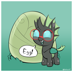 Size: 1458x1441 | Tagged: safe, artist:heretichesh, imported from derpibooru, oc, oc only, oc:yvette (evan555alpha), changeling, nymph, captain obvious, changeling egg, changeling oc, cute, cute little fangs, cuteling, dialogue, egg, fangs, female, glasses, gradient background, green changeling, ocbetes, open mouth, open smile, smiling, solo, speech bubble, younger