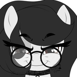 Size: 2000x2000 | Tagged: safe, artist:cosmiceuphoria, imported from derpibooru, oc, oc only, oc:cosmic euphoria, earth pony, pony, black and white, glasses, grayscale, high res, monochrome, simple background, solo, white background