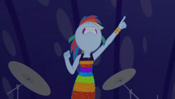 Size: 3410x1920 | Tagged: safe, imported from derpibooru, screencap, rainbow dash, equestria girls, equestria girls series, spring breakdown, spoiler:eqg series (season 2), armpits, drums, female, high res, musical instrument, nose in the air, sleeveless, solo, teeth