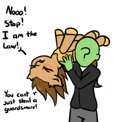 Size: 621x601 | Tagged: safe, artist:neuro, imported from derpibooru, oc, oc:anon, earth pony, human, pony, adorable distress, blushing, carrying, cute, dialogue, duo, female, floppy ears, guardsmare, holding a pony, kidnapped, male, mare, royal guard, simple background, transparent background