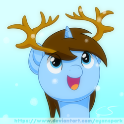 Size: 1080x1080 | Tagged: safe, artist:cyanspark, derpibooru exclusive, imported from derpibooru, oc, oc only, oc:cyan spark, unicorn, accessory, antlers, gradient background, happy, male, simple background, snow, snowfall