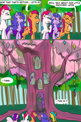 Size: 640x960 | Tagged: safe, artist:hitchpippetals, imported from derpibooru, hitch trailblazer, izzy moonbow, pipp petals, sunny starscout, zipp storm, earth pony, pony, unicorn, comic:bridlewood library, :3, chest fluff, comic, eyes closed, floppy ears, g5, gritted teeth, mane five (g5), my little pony: a new generation, one eye closed, open mouth, speech bubble, tree