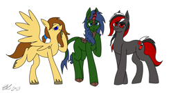 Size: 1953x1052 | Tagged: safe, artist:derpanater, imported from derpibooru, oc, oc:scarlet spray, oc:soaring heart, oc:spring dew, earth pony, kirin, pegasus, kirin oc