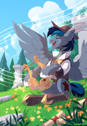 Size: 2500x3598 | Tagged: safe, artist:redchetgreen, imported from derpibooru, oc, oc only, pegasus, pony, bard, clothes, eyes closed, fantasy, fantasy class, grass, harp, high res, male, music notes, musical instrument, open mouth, open smile, pegasus oc, scenery, sitting, smiling, solo, spread wings, wings