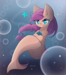 Size: 1850x2100 | Tagged: safe, artist:miryelis, imported from derpibooru, sunny starscout, earth pony, seapony (g4), blue eyes, bubble, crepuscular rays, dorsal fin, eyelashes, female, fish tail, flowing mane, flowing tail, g5, my little pony: a new generation, ocean, purple mane, seaponified, seapony sunny starscout, signature, solo, sparkles, species swap, sunlight, swimming, tail, underwater, water
