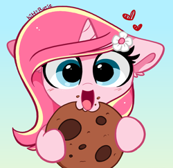 Size: 2948x2858 | Tagged: safe, artist:kittyrosie, imported from derpibooru, oc, oc:rosa flame, pony, unicorn, cookie, cute, eating, female, food, gradient background, herbivore, high res, ocbetes, open mouth, redraw, solo