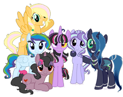 Size: 837x658 | Tagged: safe, artist:viking3ggs, imported from derpibooru, oc, oc only, changepony, hybrid, pegasus, pony, unicorn, base used, eyelashes, female, group, horn, interspecies offspring, lidded eyes, lying down, magical lesbian spawn, mare, offspring, parent:applejack, parent:discord, parent:fluttershy, parent:king sombra, parent:pinkie pie, parent:princess luna, parent:queen chrysalis, parent:starlight glimmer, parent:trixie, parent:twilight sparkle, parents:appleshy, parents:chrysaluna, parents:discolight, parents:sombrapie, parents:startrix, pegasus oc, prone, side hug, simple background, smiling, story included, transparent background, unicorn oc, wings