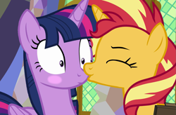 Size: 1357x891 | Tagged: safe, artist:queenderpyturtle, edit, edited screencap, imported from derpibooru, screencap, sunset shimmer, twilight sparkle, alicorn, pony, unicorn, equestria girls, blushing, cute, female, kissing, lesbian, nose kiss, shimmerbetes, shipping, sunsetsparkle, twiabetes, twilight sparkle (alicorn)