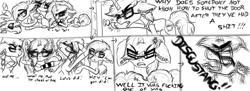 Size: 4000x1452 | Tagged: safe, artist:beamybutt, imported from derpibooru, oc, oc only, oc:chaos, oc:moonbeam, pony, angry, clothes, comic, cross-popping veins, dialogue, disgusted, ear fluff, glasses, lineart