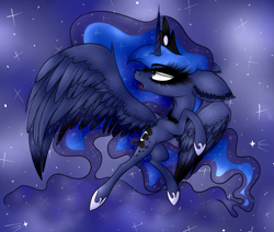 Size: 2701x2293 | Tagged: safe, alternate version, artist:beamybutt, imported from derpibooru, princess luna, alicorn, pony, colored, ear fluff, ethereal mane, eyelashes, female, high res, hoof shoes, horn, jewelry, rearing, solo, starry mane, stars, tiara, wings