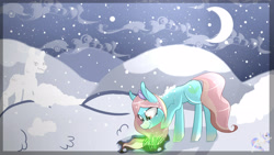 Size: 3264x1836 | Tagged: safe, artist:herusann, imported from derpibooru, oc, oc only, earth pony, pony, crescent moon, earth pony oc, female, glowing, mare, moon, night, outdoors, smiling, snow, snowpony, solo, stars, transparent moon