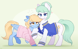 Size: 1200x765 | Tagged: safe, artist:higgly-chan, imported from derpibooru, oc, oc only, oc:blue skies, oc:largesse, earth pony, pegasus, pony, clothes, drunk bubbles, duo, female, jacket, male, shirt, varsity jacket