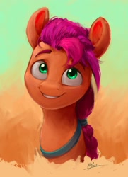 Size: 2292x3162 | Tagged: safe, artist:rigbyh00ves, imported from derpibooru, sunny starscout, earth pony, pony, bust, cute, female, g5, happy, head tilt, high res, looking at you, mare, my little pony: a new generation, portrait, smiling, solo, sunnybetes