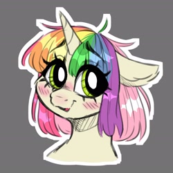 Size: 2039x2039 | Tagged: safe, artist:madkadd, imported from derpibooru, oc, oc only, pony, unicorn, blushing, bust, eyelashes, female, gray background, high res, horn, mare, multicolored hair, rainbow hair, simple background, smiling, solo, unicorn oc