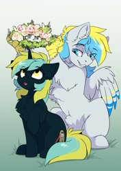 Size: 2481x3507 | Tagged: safe, artist:arctic-fox, imported from derpibooru, oc, oc only, oc:cirrus sky, oc:electro current, hippogriff, pony, unicorn, chest fluff, cirrent, ear fluff, female, floral head wreath, flower, high res, hippogriff oc, male, oc x oc, shipping, straight