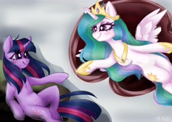 Size: 4096x2896 | Tagged: safe, artist:madkadd, imported from derpibooru, princess celestia, twilight sparkle, alicorn, pony, unicorn, duo, eyelashes, female, fine art parody, god, jewelry, mare, peytral, sitting, smiling, the creation of adam, tiara, unicorn twilight