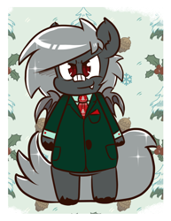 Size: 846x1095 | Tagged: safe, artist:tranzmuteproductions, imported from derpibooru, oc, oc only, oc:tranzmute, bat pony, pony, bat pony oc, bat wings, chibi, clothes, coat, holly, male, necktie, smiling, smirk, solo, stallion, unshorn fetlocks, wings