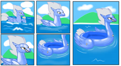 Size: 1280x700 | Tagged: safe, artist:samurmz39, imported from derpibooru, sky beak, hippogriff, air nozzle, bean mouth, forced smile, grin, inanimate tf, inflatable, pool toy, potion, smiling, story in the source, transformation, transformation sequence, valve, water