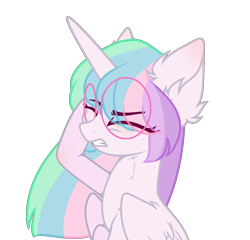 Size: 1312x1259 | Tagged: safe, artist:pokaparida, imported from derpibooru, princess celestia, alicorn, pony, alternate hairstyle, ear fluff, eye clipping through hair, eyebrows, eyebrows visible through hair, eyes closed, female, folded wings, glasses, gritted teeth, horn, mare, multicolored mane, simple background, solo, transparent background, wings