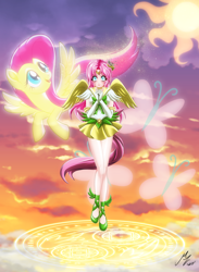 Size: 1976x2705 | Tagged: safe, alternate version, artist:mauroz, imported from derpibooru, part of a set, fluttershy, human, pegasus, pony, anime, clothes, cosplay, costume, humanized, sailor moon, sailor scout, winged humanization, wings