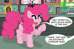 Size: 2243x1476 | Tagged: safe, artist:doodledonutart, imported from derpibooru, pinkie pie, earth pony, pony, chest fluff, comic, cute, female, fluffy, funny, manehattan, mare, offscreen character, poofy mane, solo