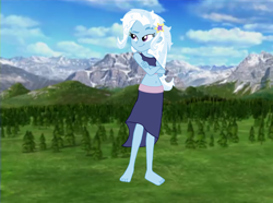 Size: 3168x2363 | Tagged: safe, artist:agenthotman, imported from derpibooru, trixie, equestria girls, barefoot, barrette, clothes, crossed arms, dreamworks face, feet, female, forest background, giantess, high res, macro, messy hair, mountain, skirt, smiling, smirk, solo, this enormous woman will devour us all