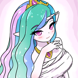 Size: 2508x2508 | Tagged: safe, artist:sigpi, imported from derpibooru, princess celestia, anthro, blushing, breasts, crown, elf ears, eye clipping through hair, eyebrows, eyebrows visible through hair, female, high res, horn, human facial structure, jewelry, regalia, smiling, solo