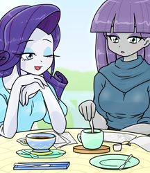 Size: 640x740 | Tagged: safe, artist:batipin, imported from derpibooru, maud pie, rarity, equestria girls, breasts, busty maud pie, busty rarity, cleavage, duo, duo female, female, food, one eye closed, spoon, tea