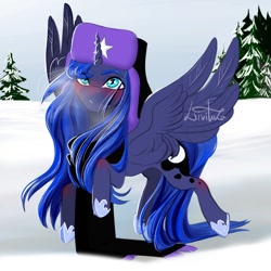 Size: 1000x1000 | Tagged: safe, artist:livitoza, imported from derpibooru, princess luna, pony, female, hat, looking at you, mare, snow, solo, ushanka