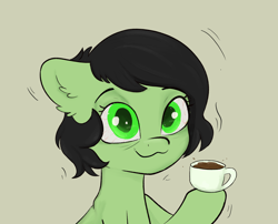 Size: 3048x2457 | Tagged: safe, artist:dumbwoofer, imported from derpibooru, oc, oc only, oc:filly anon, pony, bags under eyes, coffee, ear fluff, female, filly, floppy ears, high res, red eyes, simple background, solo